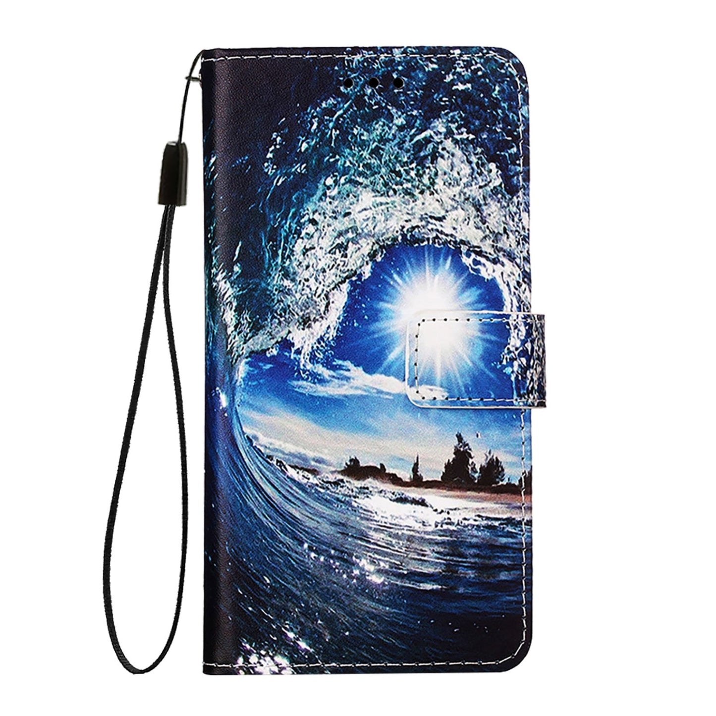 For iPhone 16e Colored Drawing Pattern Plain Weave Leather Phone Case(Waves And Sun)