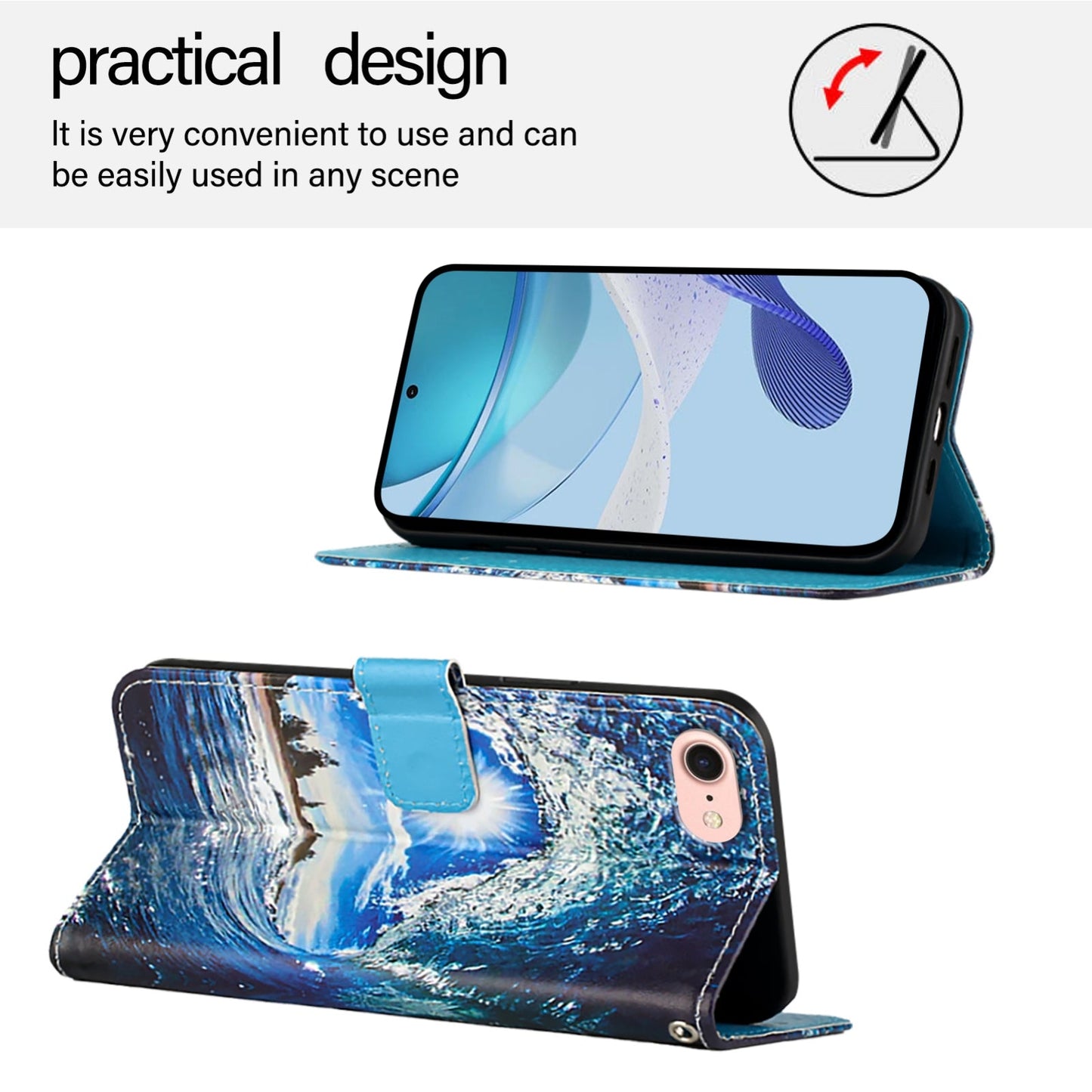 For iPhone 16e Colored Drawing Pattern Plain Weave Leather Phone Case(Waves And Sun)