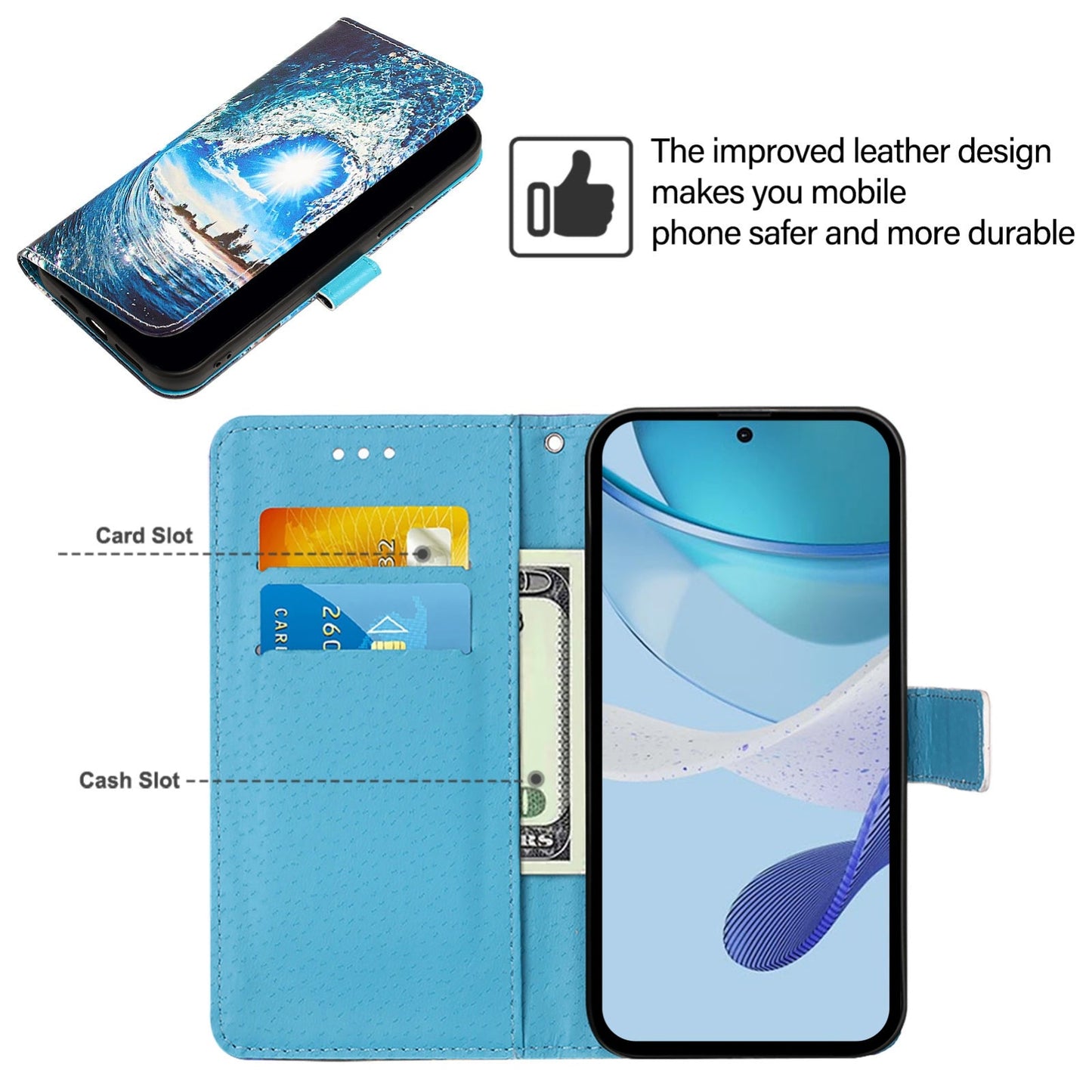 For iPhone 16e Colored Drawing Pattern Plain Weave Leather Phone Case(Waves And Sun)