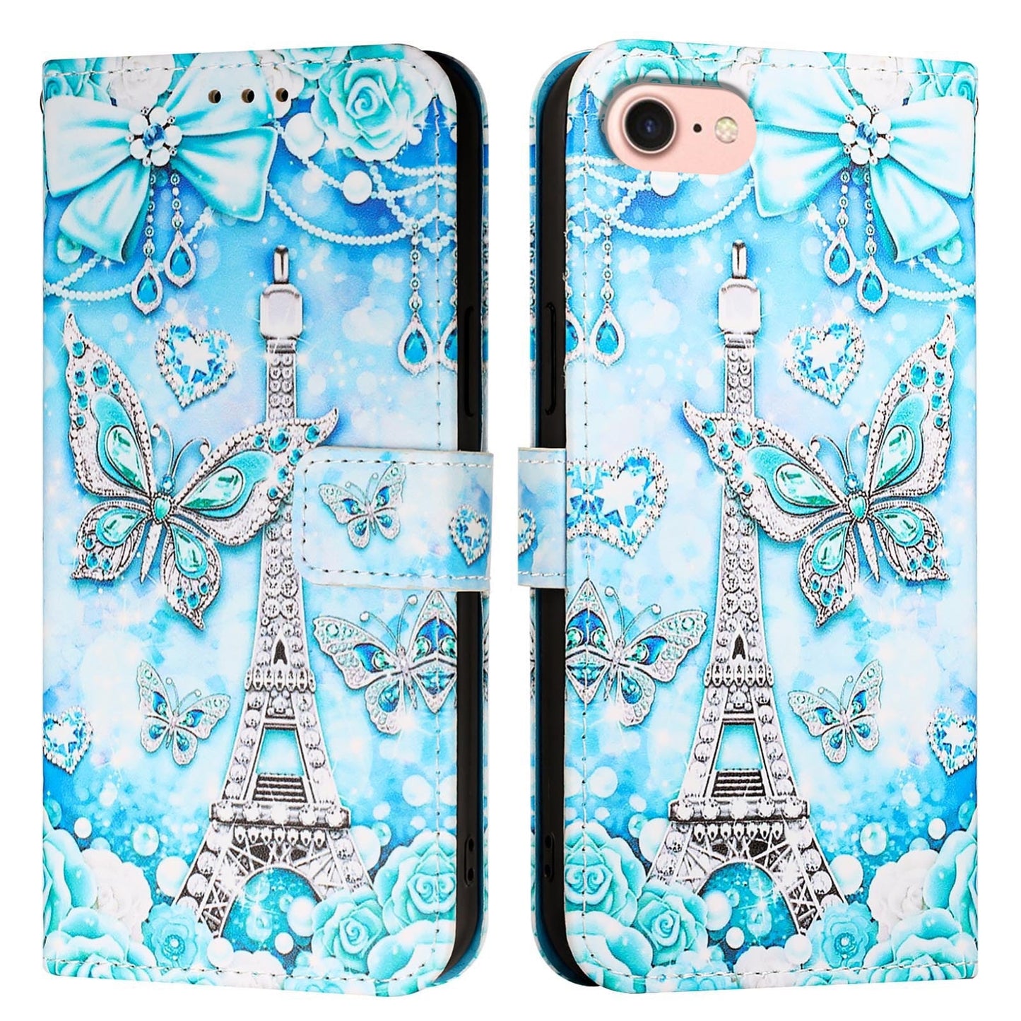 For iPhone 16e Colored Drawing Pattern Plain Weave Leather Phone Case(Tower Butterfly)