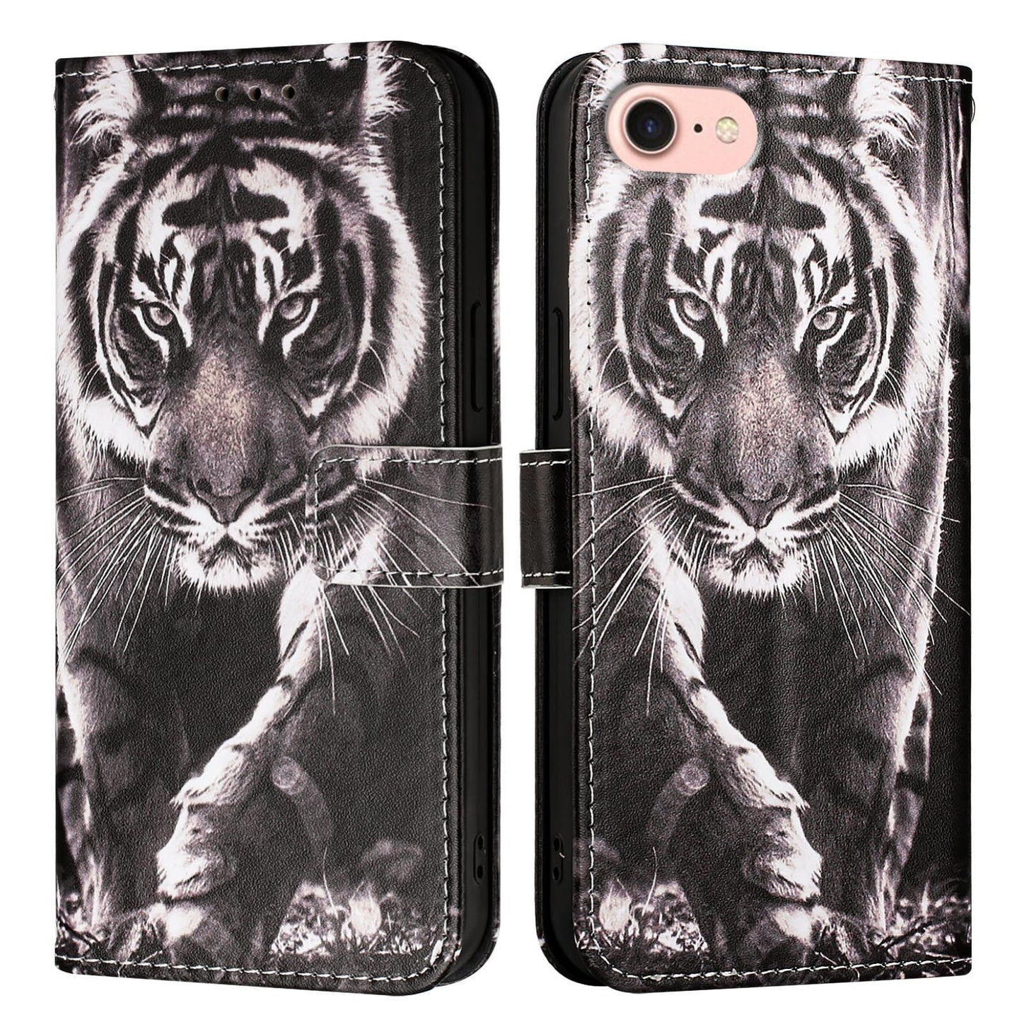 For iPhone 16e Colored Drawing Pattern Plain Weave Leather Phone Case(Black And White Tiger)