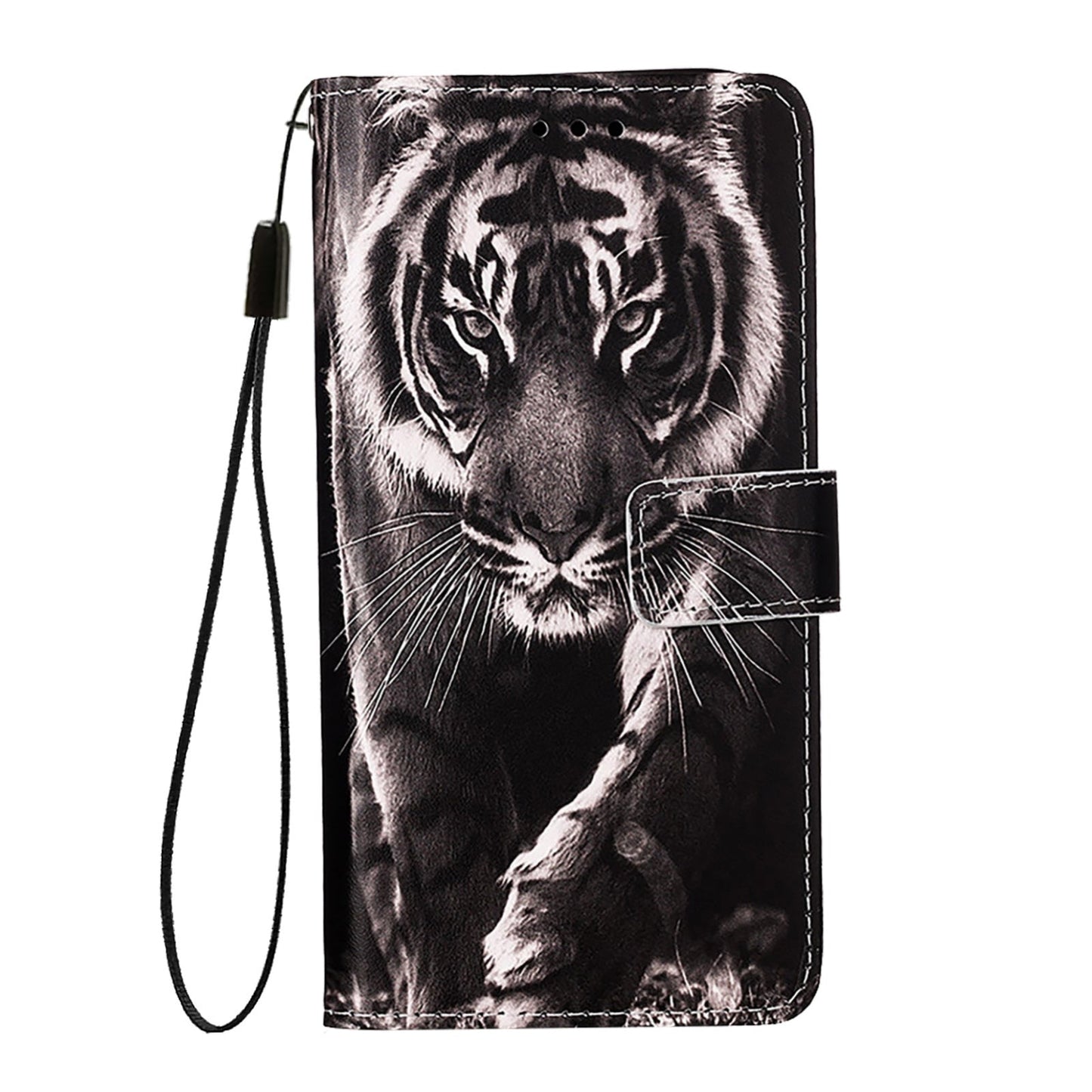 For iPhone 16e Colored Drawing Pattern Plain Weave Leather Phone Case(Black And White Tiger)