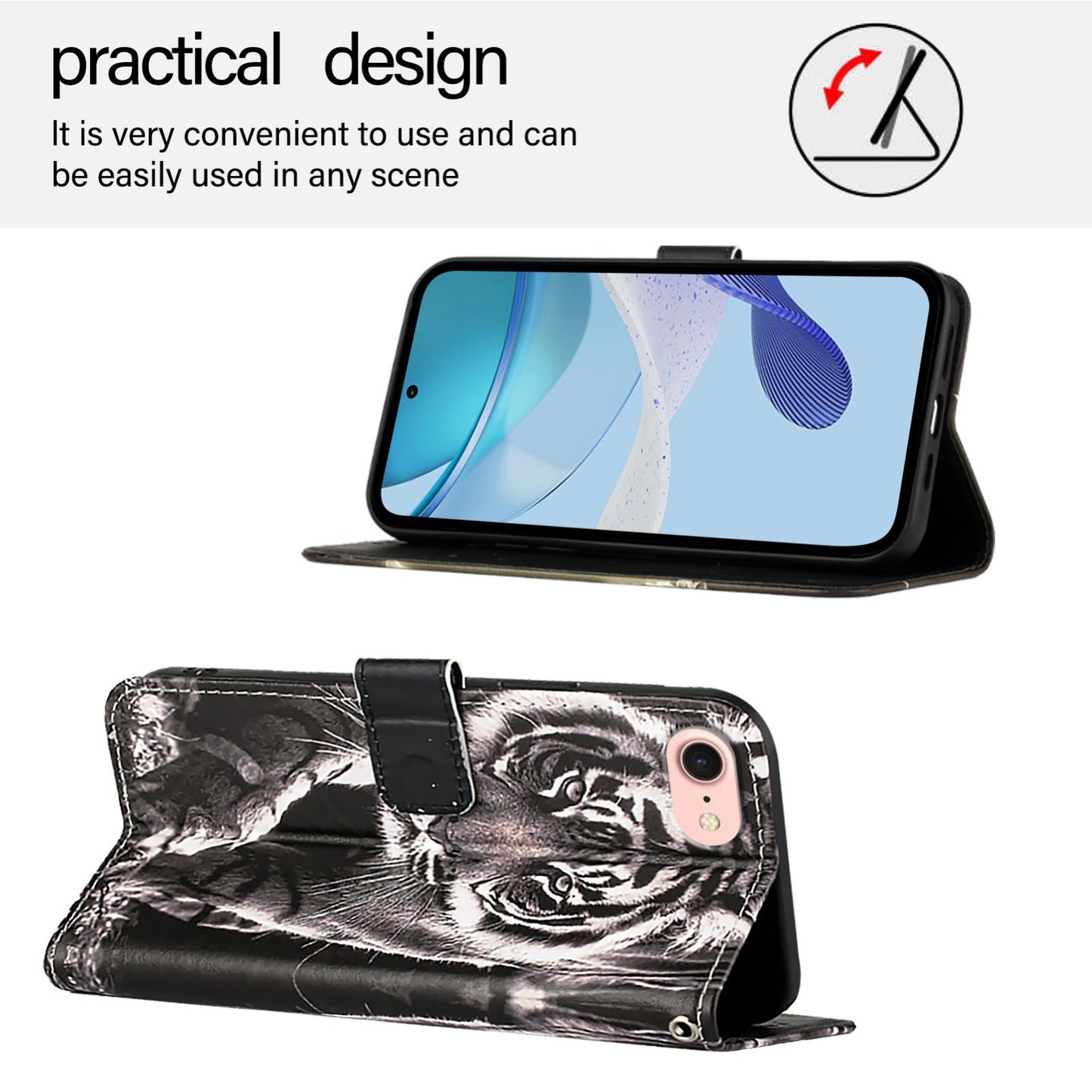 For iPhone 16e Colored Drawing Pattern Plain Weave Leather Phone Case(Black And White Tiger)
