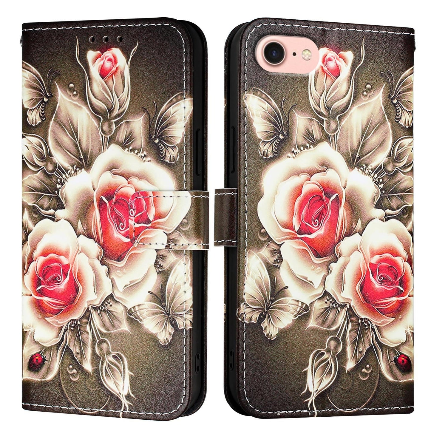 For iPhone 16e Colored Drawing Pattern Plain Weave Leather Phone Case(Roses On Black)