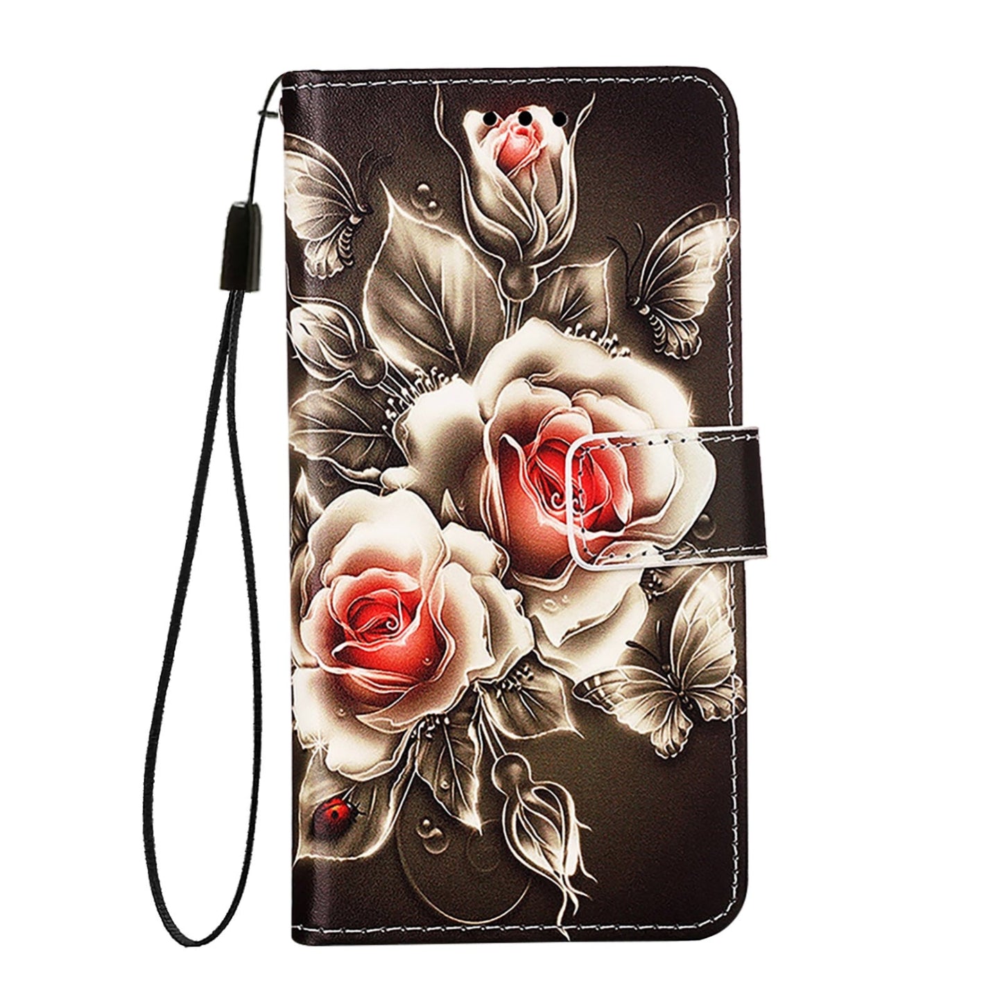 For iPhone 16e Colored Drawing Pattern Plain Weave Leather Phone Case(Roses On Black)