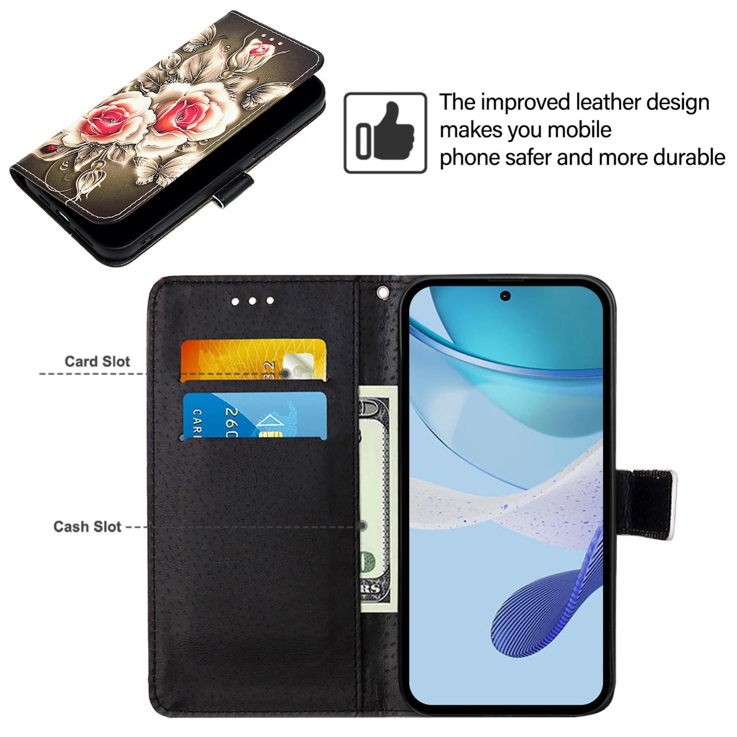 For iPhone 16e Colored Drawing Pattern Plain Weave Leather Phone Case(Roses On Black)