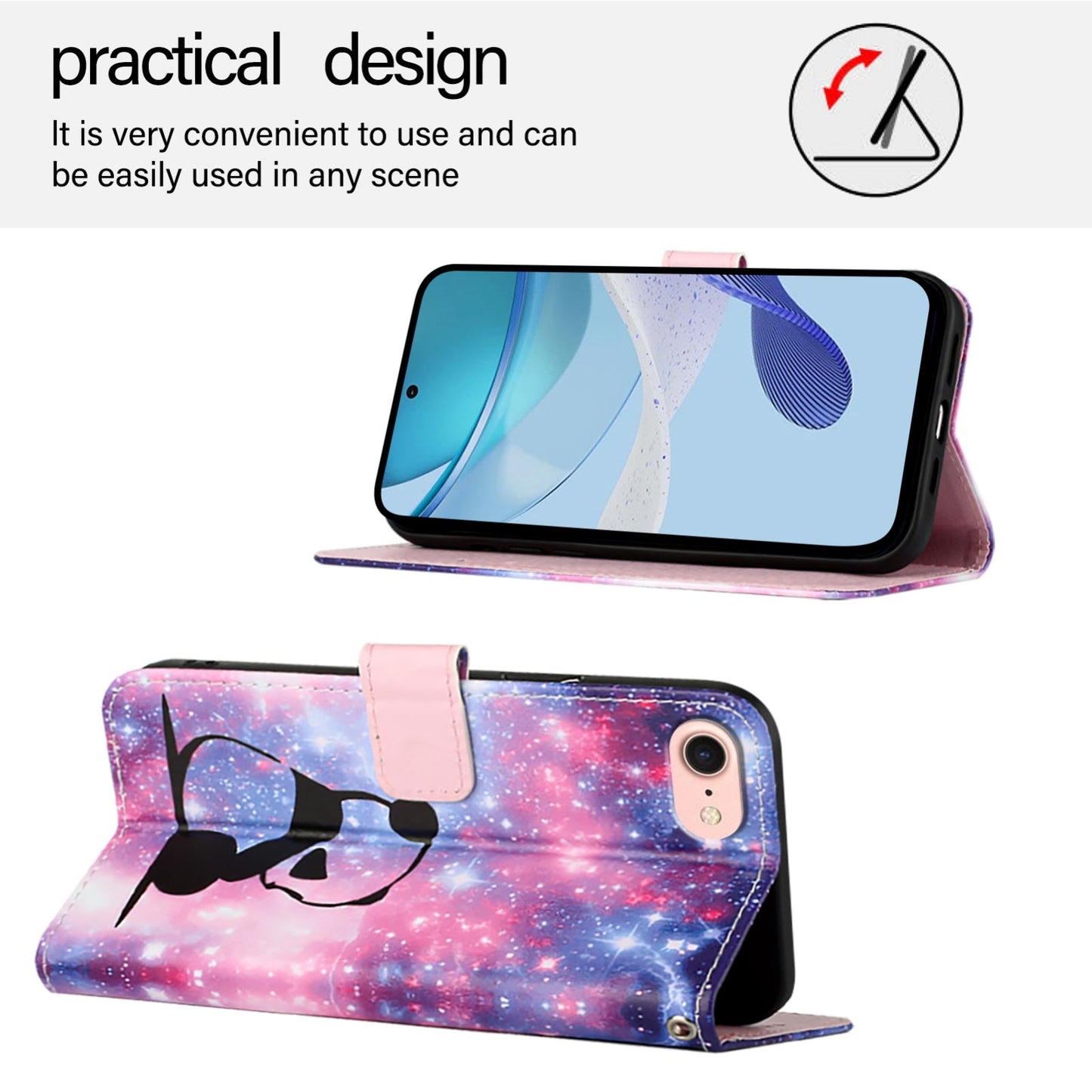 For iPhone 16e Colored Drawing Pattern Plain Weave Leather Phone Case(Baby Panda)