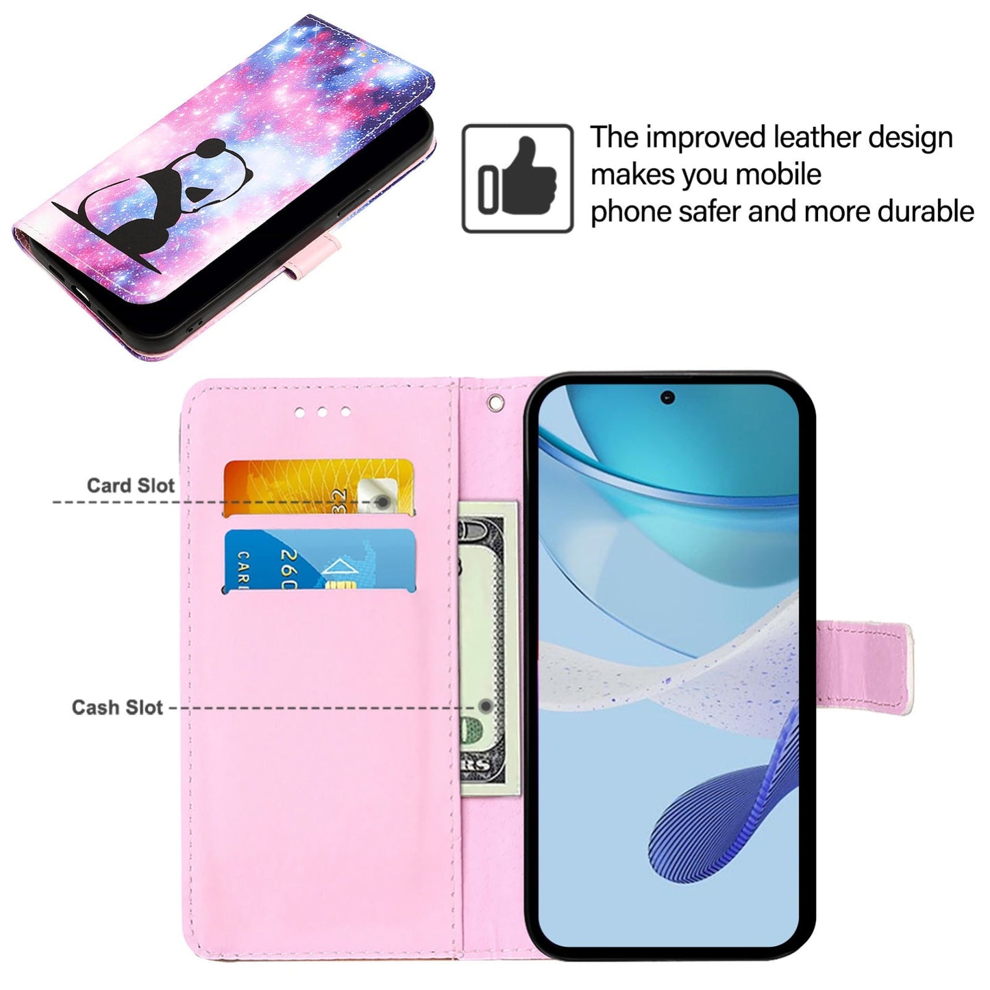 For iPhone 16e Colored Drawing Pattern Plain Weave Leather Phone Case(Baby Panda)