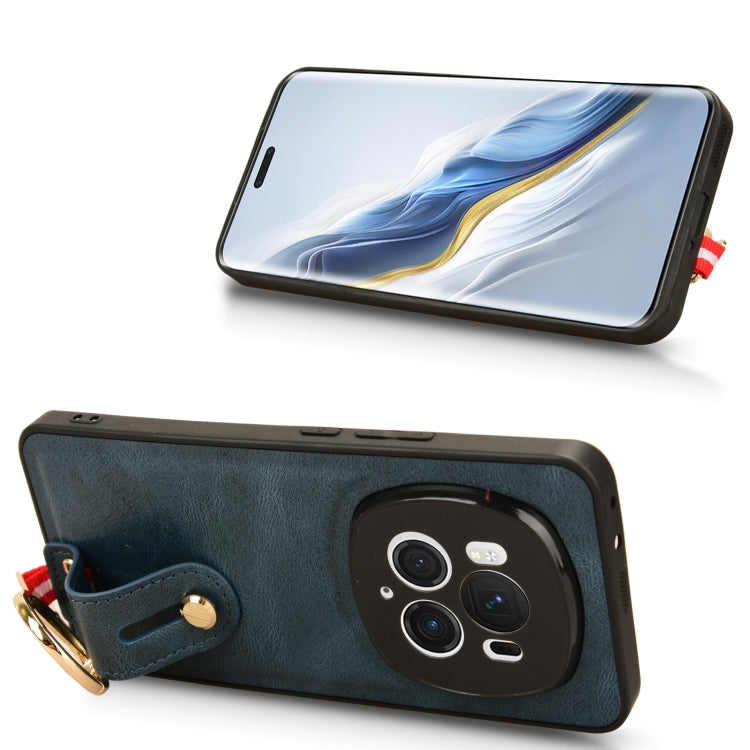 For Honor Magic6 Pro Wristband Leather Back Phone Case(Blue)