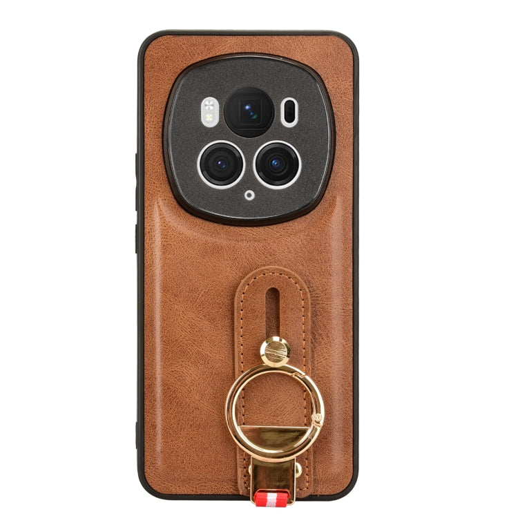 For Honor Magic6 Pro Wristband Leather Back Phone Case(Brown)