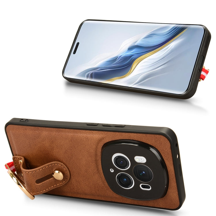 For Honor Magic6 Pro Wristband Leather Back Phone Case(Brown)