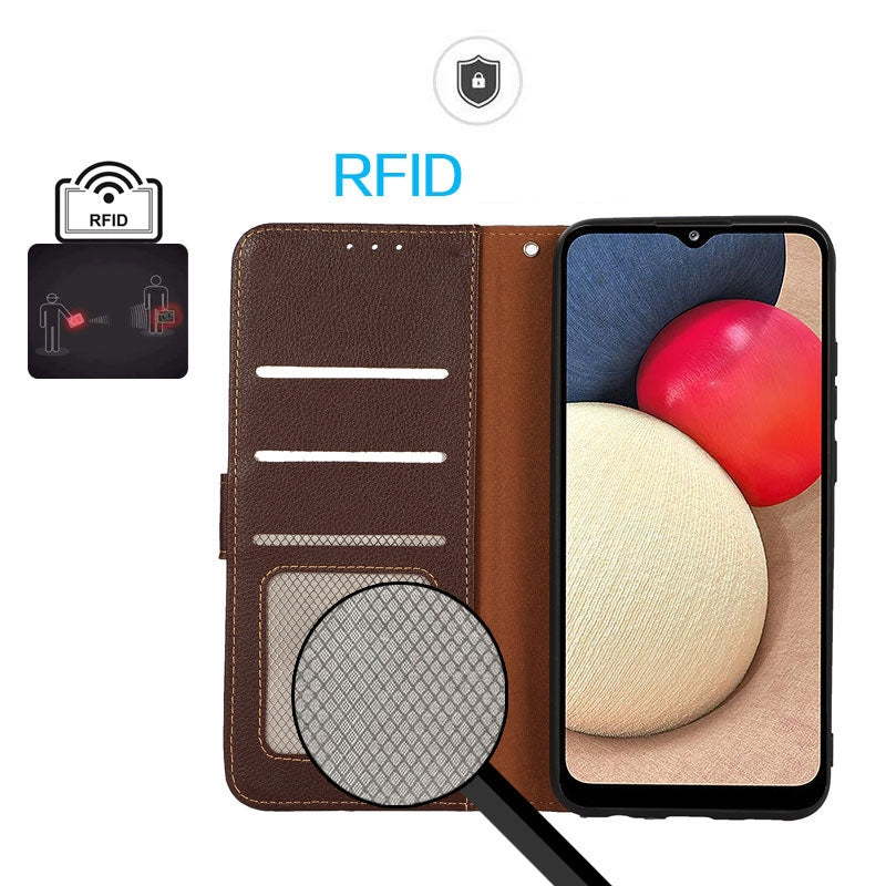For iPhone 16e KHAZNEH Litchi Texture Leather RFID Phone Case(Brown)