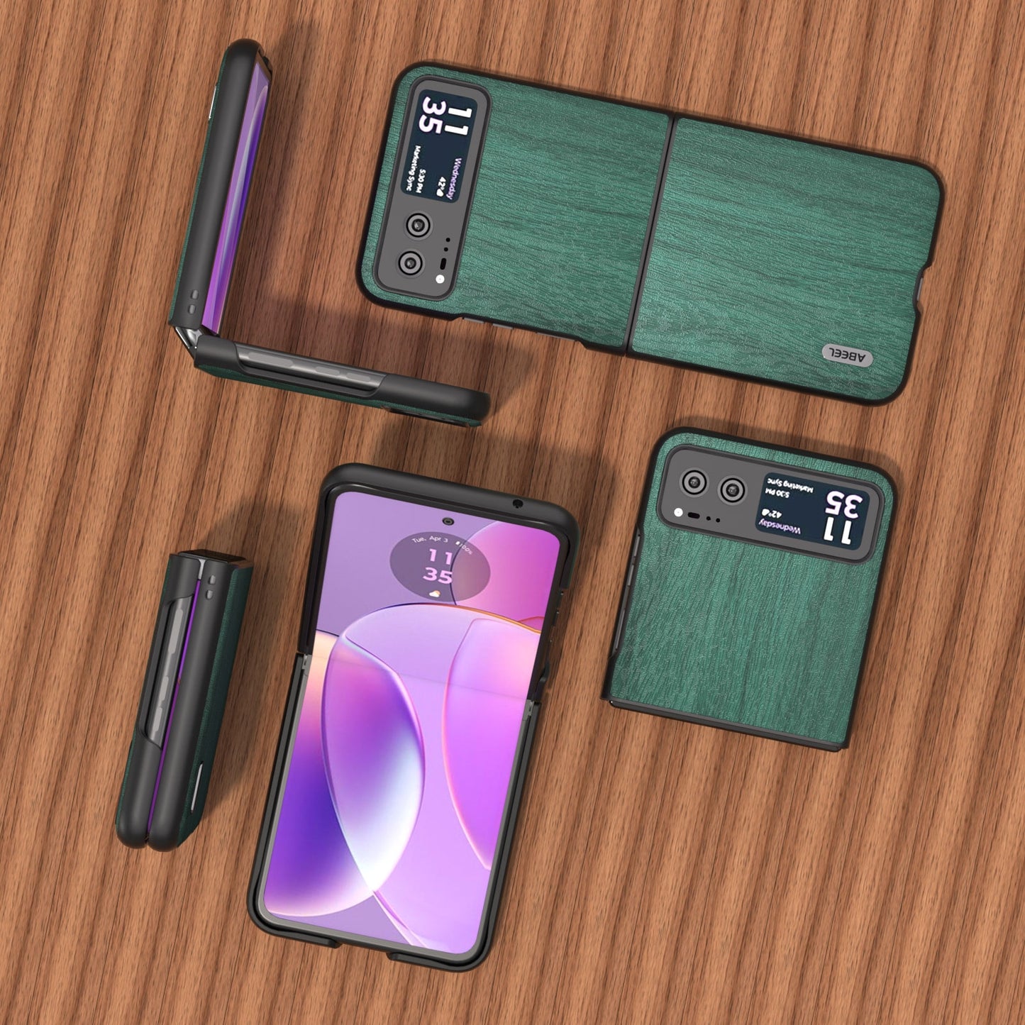 Uniqkart For Motorola Razr 40 ABEEL Wood Texture PU Phone Case(Green)