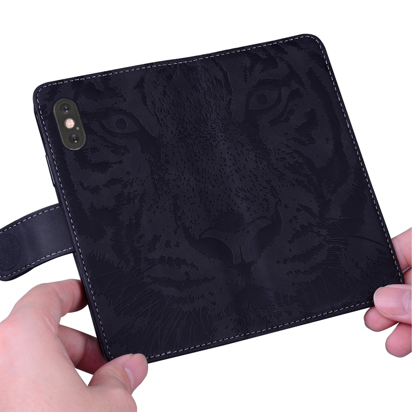 For iPhone 16e Tiger Embossing Pattern Leather Phone Case(Black)