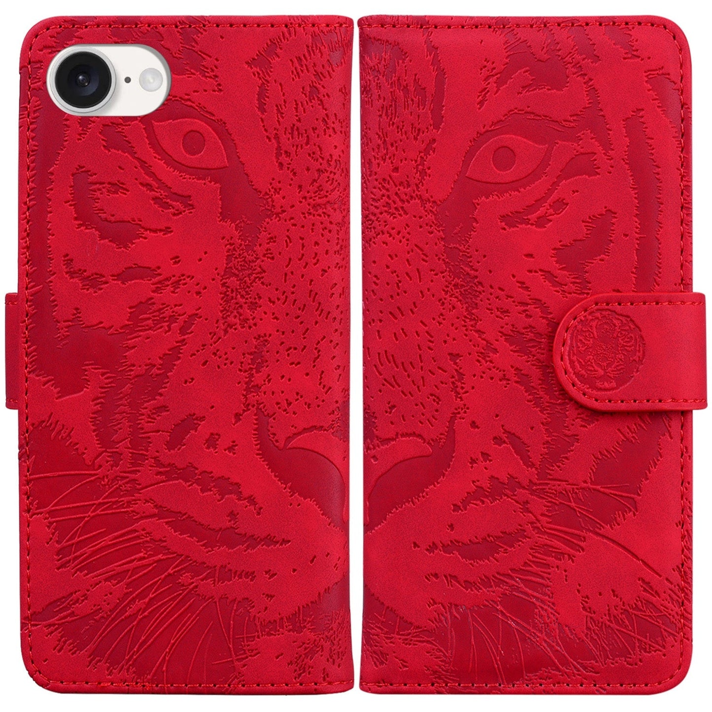 For iPhone 16e Tiger Embossing Pattern Leather Phone Case(Red)