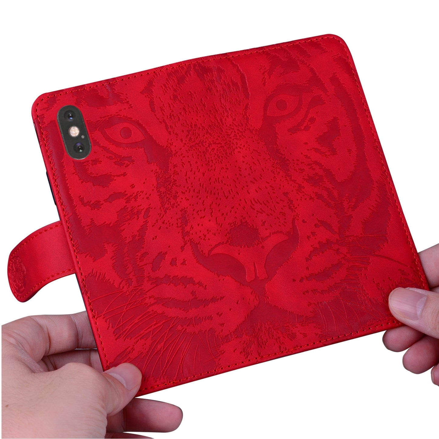 For iPhone 16e Tiger Embossing Pattern Leather Phone Case(Red)