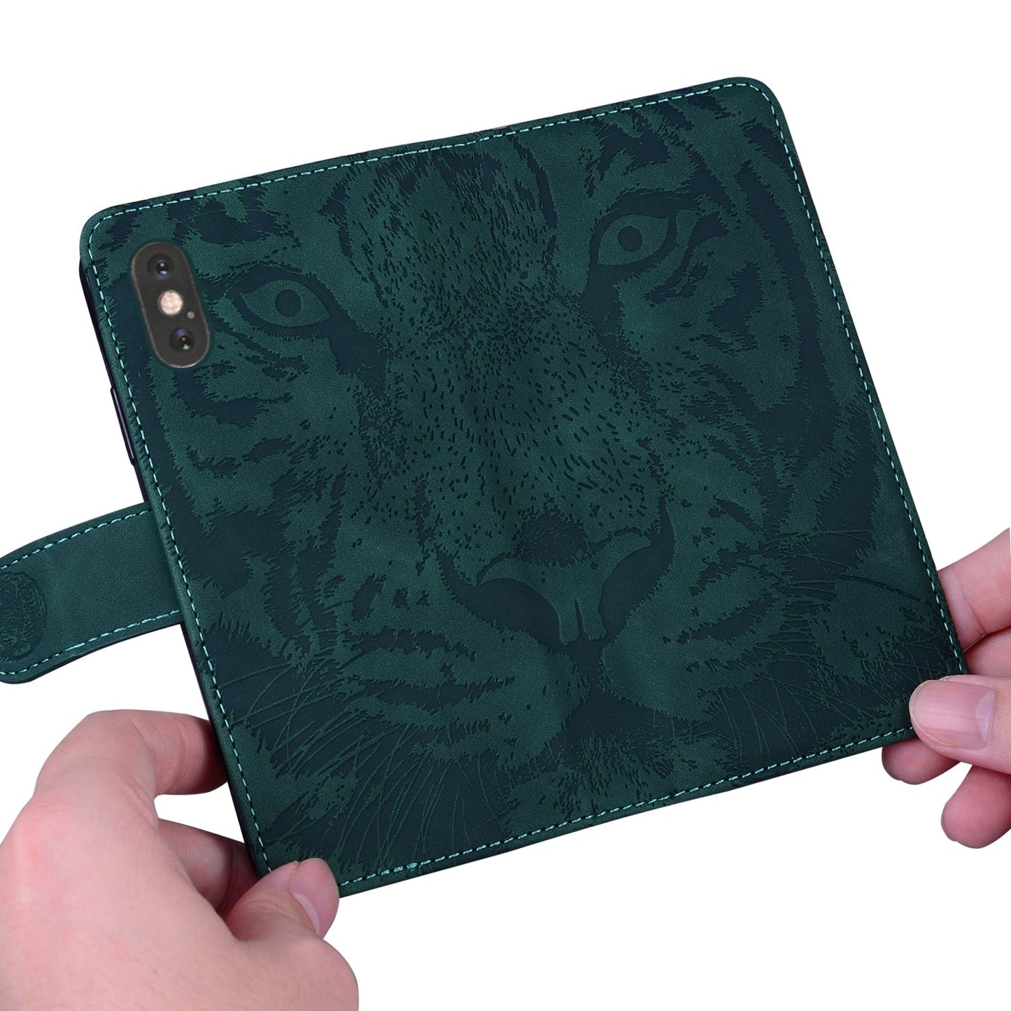 For iPhone 16e Tiger Embossing Pattern Leather Phone Case(Green)
