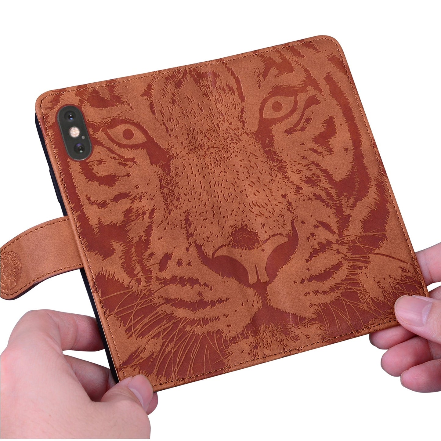 For iPhone 16e Tiger Embossing Pattern Leather Phone Case(Brown)