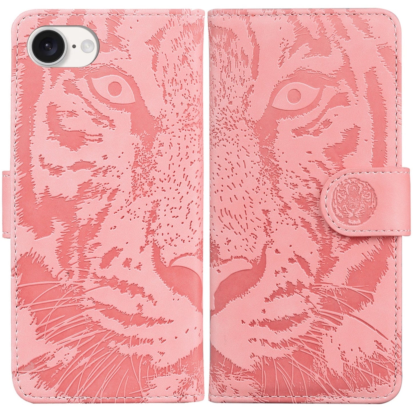 For iPhone 16e Tiger Embossing Pattern Leather Phone Case(Pink)