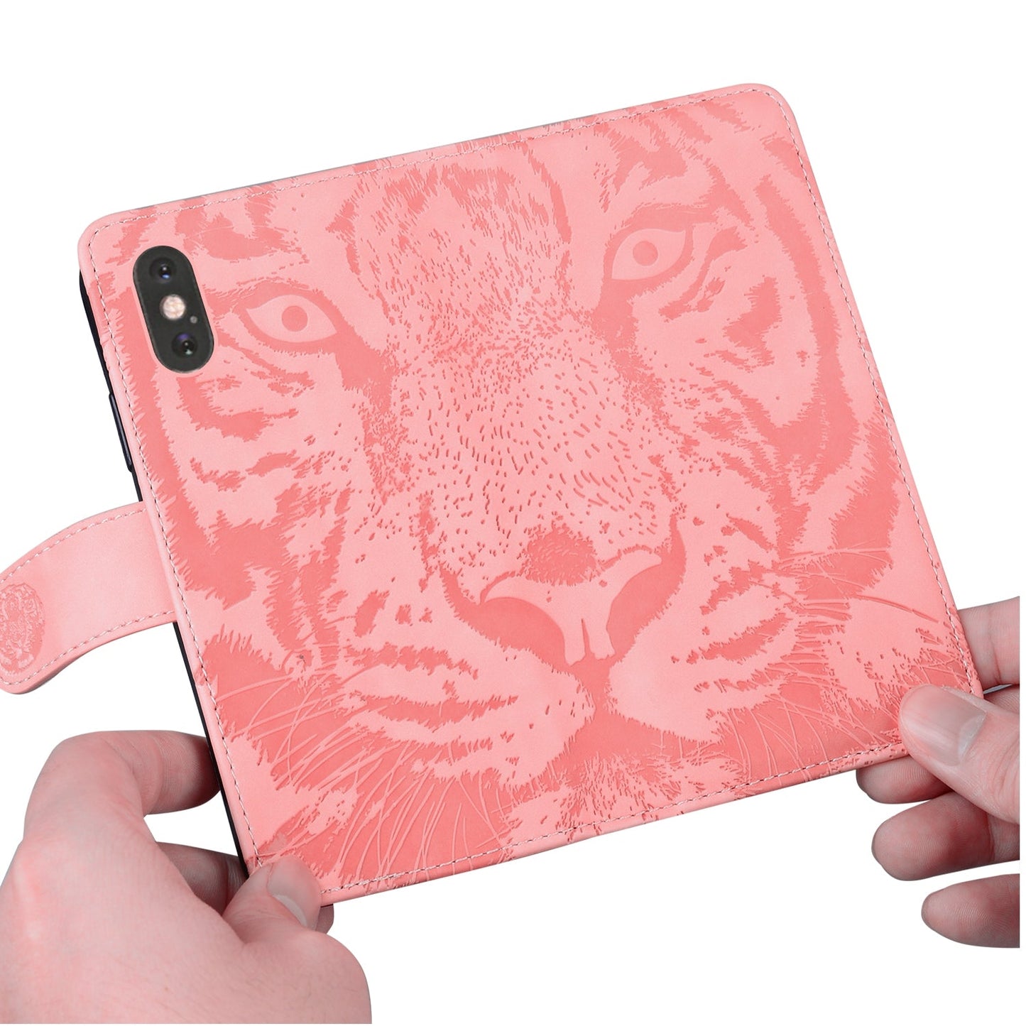 For iPhone 16e Tiger Embossing Pattern Leather Phone Case(Pink)