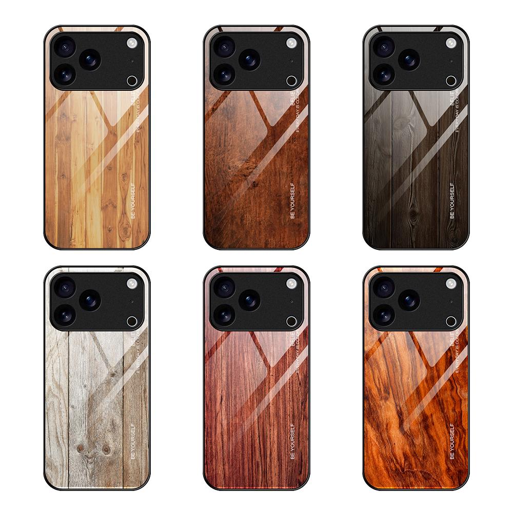 Compatible with iPhone 18 Pro Max & 17 Pro Max Wood Grain Glass Phone Case - Coffee