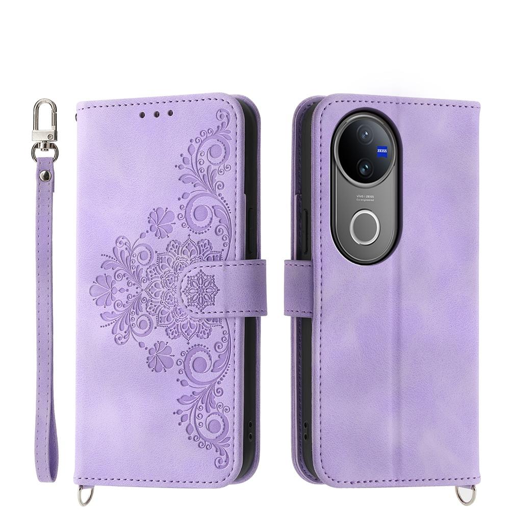 For vivo V50 Skin Feel Flowers Embossed Wallet Leather Phone Case(Purple)