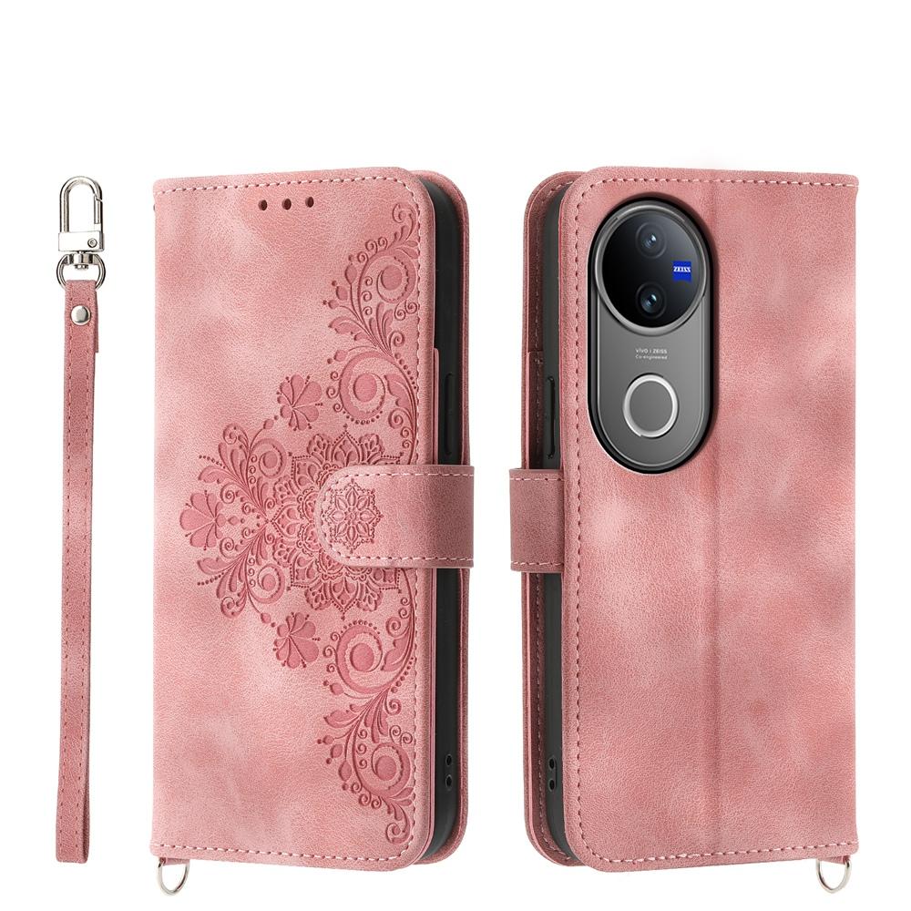 For vivo V50 Skin Feel Flowers Embossed Wallet Leather Phone Case(Pink)