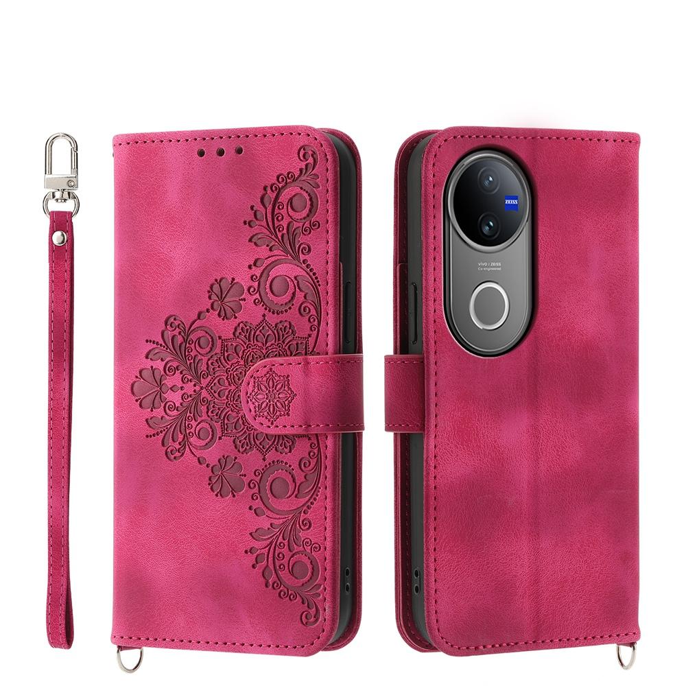 For vivo V50 Skin Feel Flowers Embossed Wallet Leather Phone Case(Wine Red)