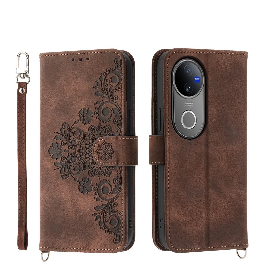 For vivo V50 Skin Feel Flowers Embossed Wallet Leather Phone Case(Brown)