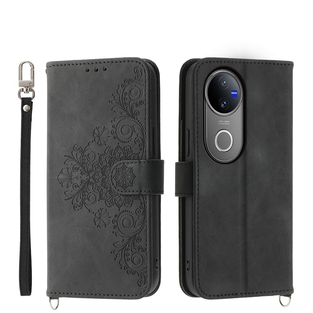 For vivo V50 Skin Feel Flowers Embossed Wallet Leather Phone Case(Black)