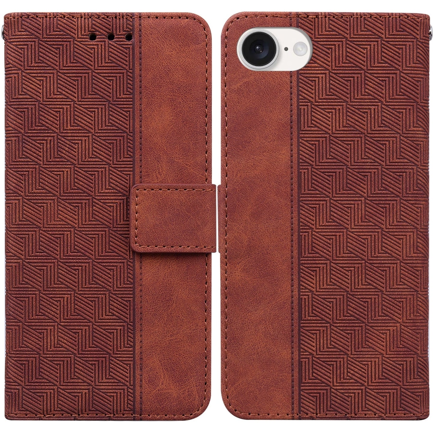 For iPhone 16e Geometric Embossed Leather Phone Case(Brown)