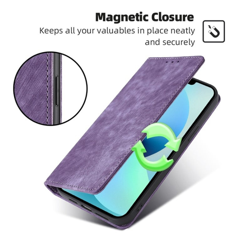 For Honor X6a 4G RFID Anti-theft Brush Magnetic Leather Phone Case(Purple)