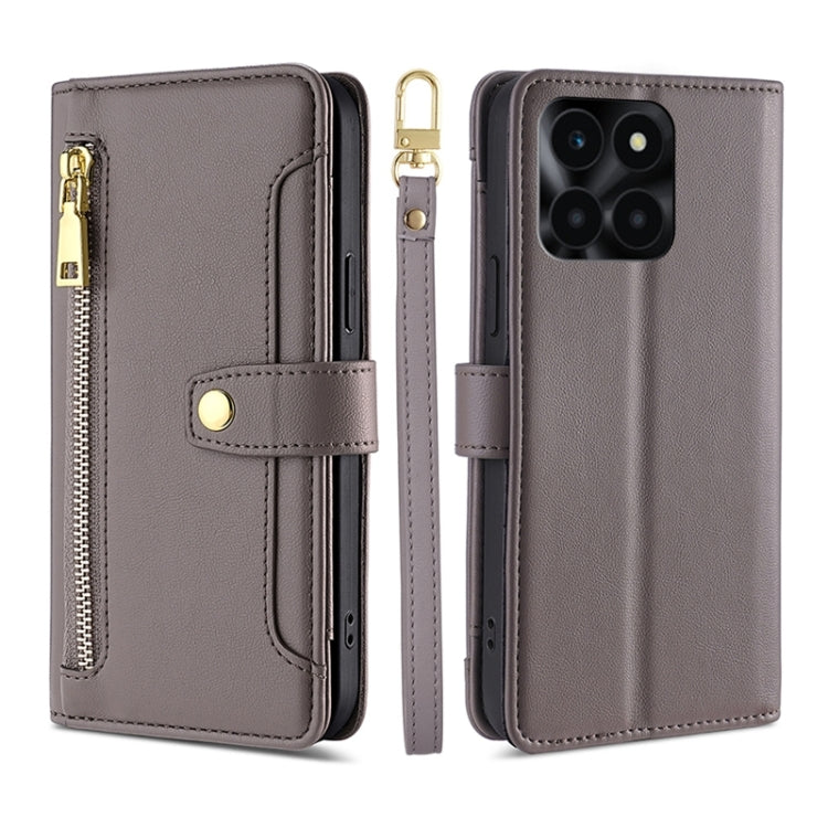 For Honor X6a 4G Sheep Texture Cross-body Zipper Wallet Leather Phone Case(Grey)