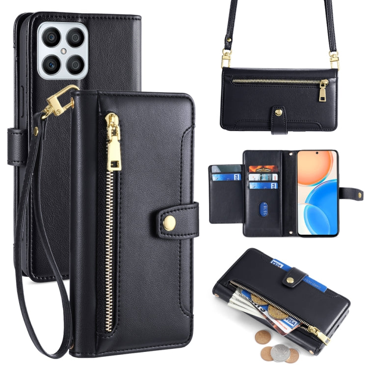 For Honor X8 Sheep Texture Cross-body Zipper Wallet Leather Phone Case(Black)