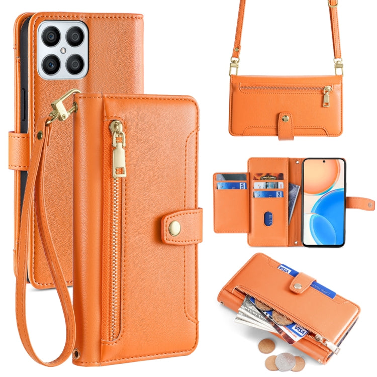 For Honor X8 Sheep Texture Cross-body Zipper Wallet Leather Phone Case(Orange)
