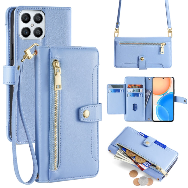 For Honor X8 Sheep Texture Cross-body Zipper Wallet Leather Phone Case(Blue)