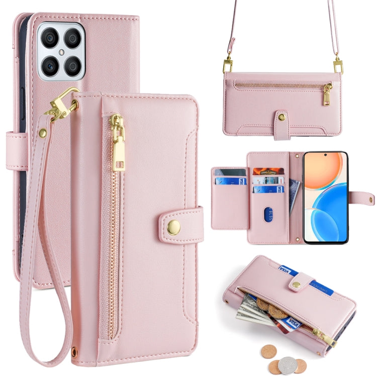 For Honor X8 Sheep Texture Cross-body Zipper Wallet Leather Phone Case(Pink)