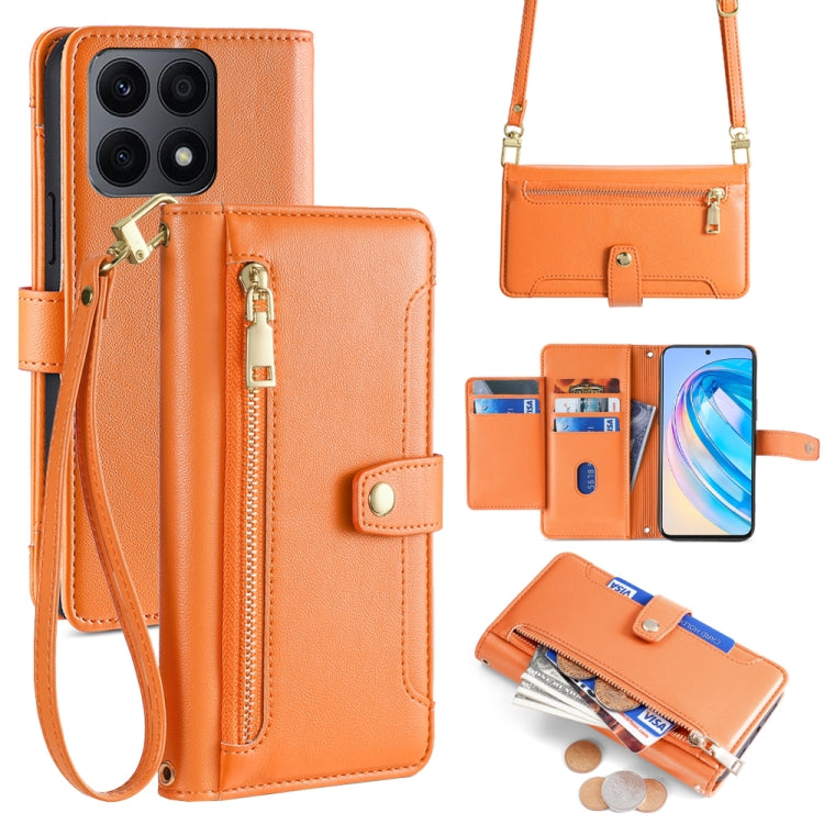 For Honor X8a Sheep Texture Cross-body Zipper Wallet Leather Phone Case(Orange)