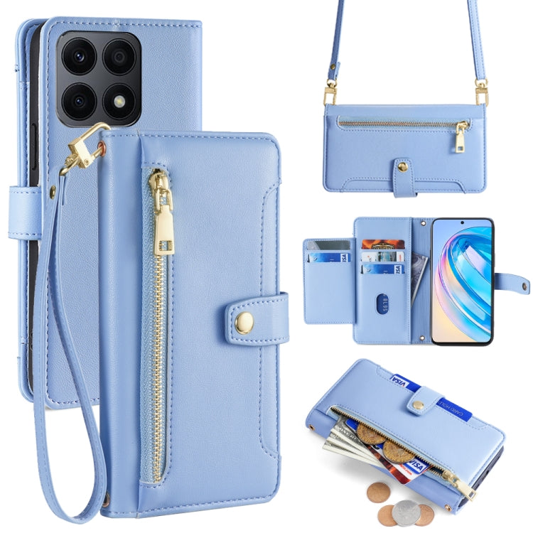 For Honor X8a Sheep Texture Cross-body Zipper Wallet Leather Phone Case(Blue)
