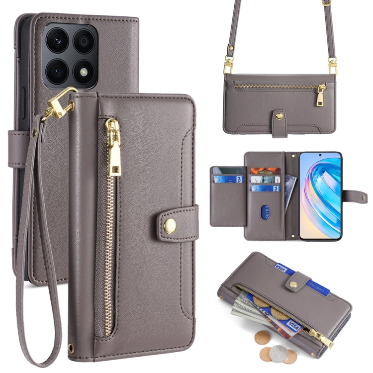 For Honor X8a Sheep Texture Cross-body Zipper Wallet Leather Phone Case(Grey)