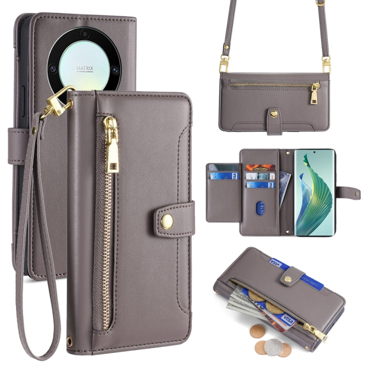 For Honor X9a Sheep Texture Cross-body Zipper Wallet Leather Phone Case(Grey)
