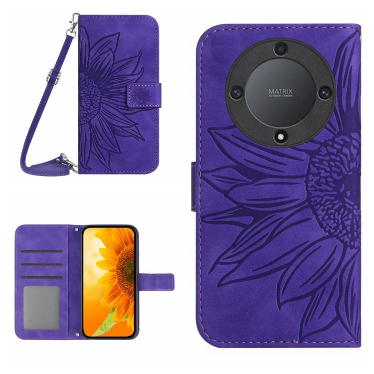 For Honor X9b Skin Feel Sun Flower Pattern Leather Phone Case with Lanyard(Dark Purple)