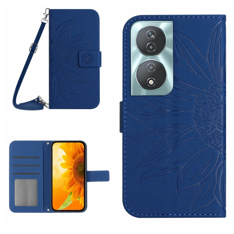 For Honor 90 Smart Skin Feel Sun Flower Pattern Leather Phone Case with Lanyard(Dark Blue)