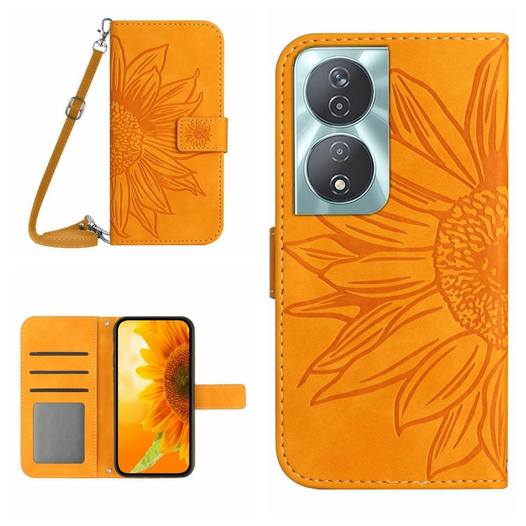 For Honor 90 Smart Skin Feel Sun Flower Pattern Leather Phone Case with Lanyard(Yellow)