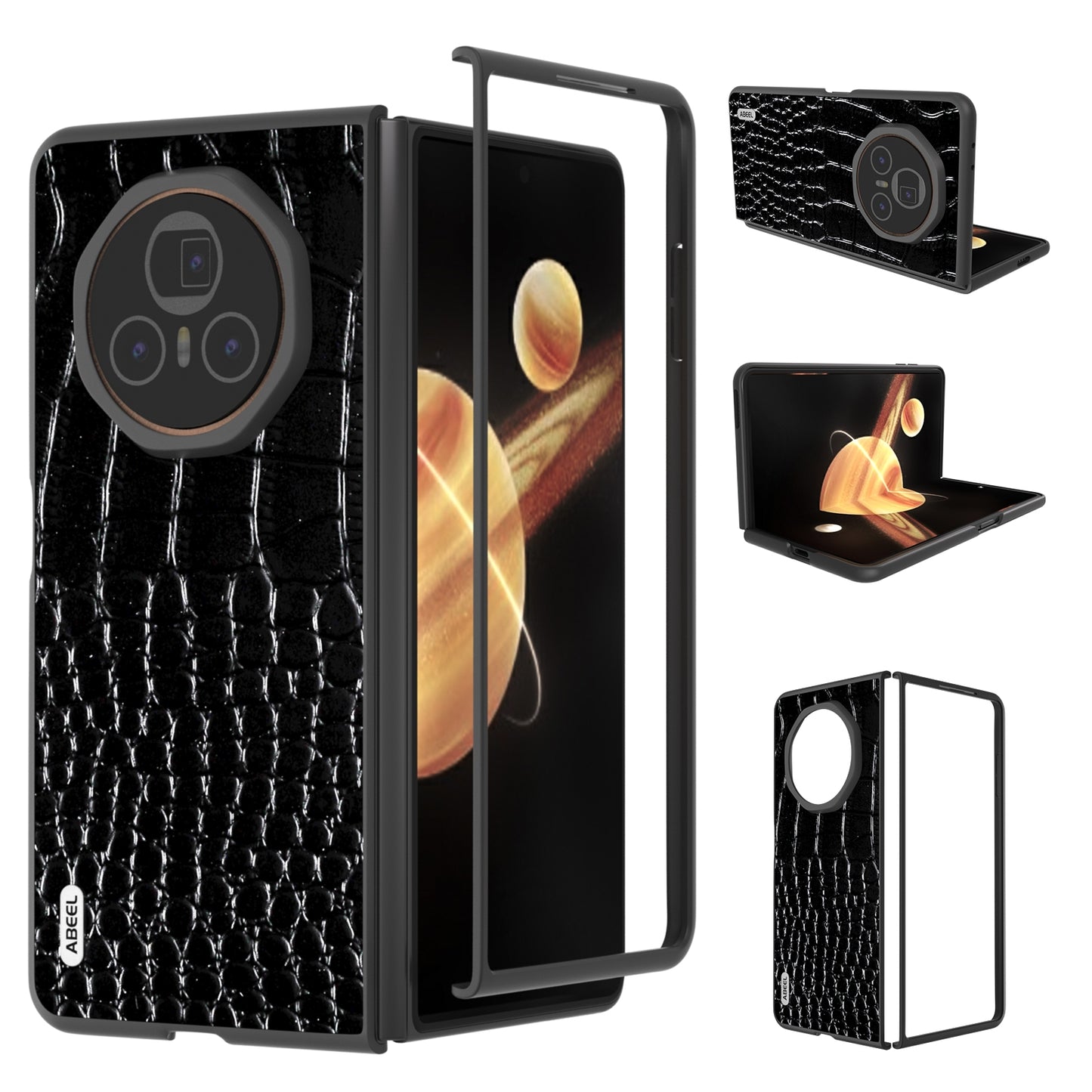 For Honor Magic V3 ABEEL Genuine Leather Crocodile Pattern Black Edge Phone Case(Black)