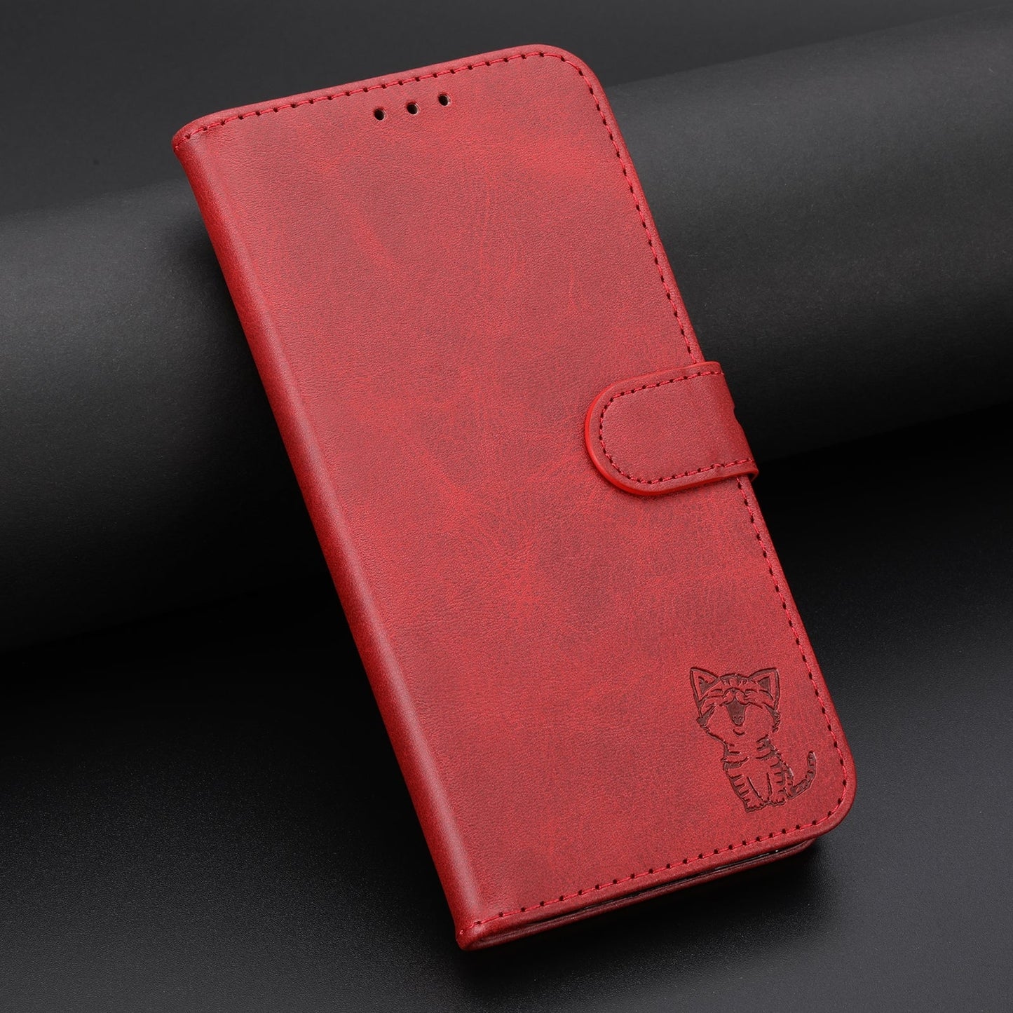For iPhone 16e Embossed Happy Cat Pattern Flip Leather Phone Case(Red)
