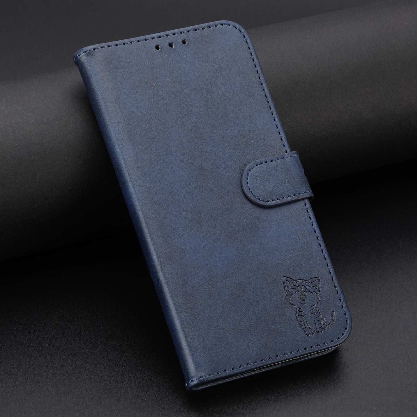 For iPhone 16e Embossed Happy Cat Pattern Flip Leather Phone Case(Blue)