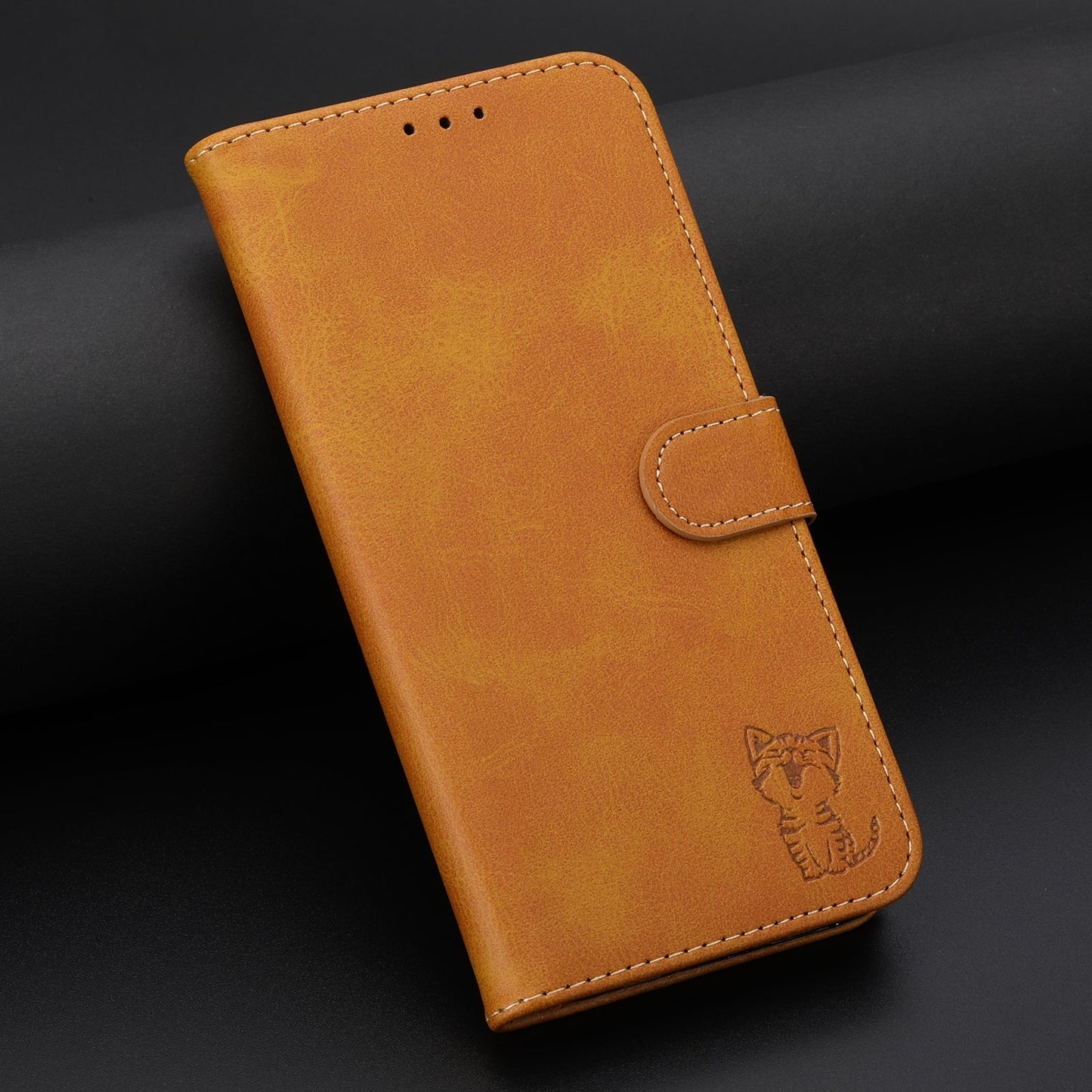 For iPhone 16e Embossed Happy Cat Pattern Flip Leather Phone Case(Yellow)