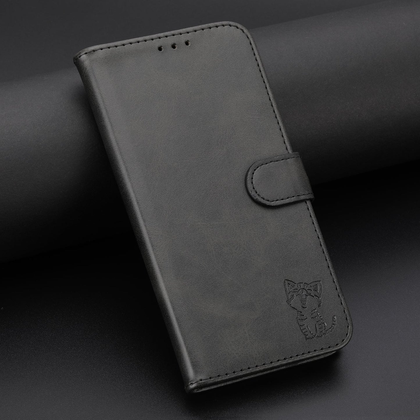 For iPhone 16e Embossed Happy Cat Pattern Flip Leather Phone Case(Black)