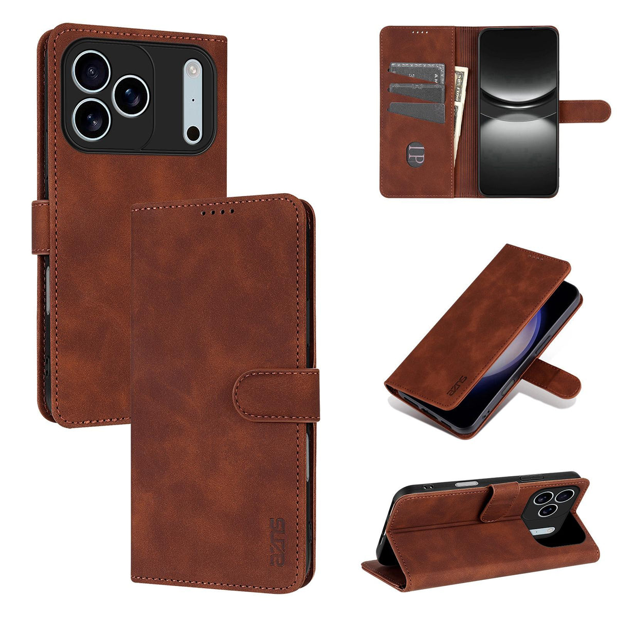 Compatible with iPhone 18 Pro Max AZNS Skin Feel Calf Texture Flip Leather Phone Case - Brown